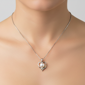 925 Sterling Silver Heart with Pearl CZ Pendant Necklace