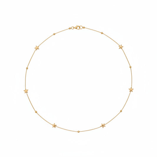 18k Yellow Gold Star Station Necklace with Bead Accents