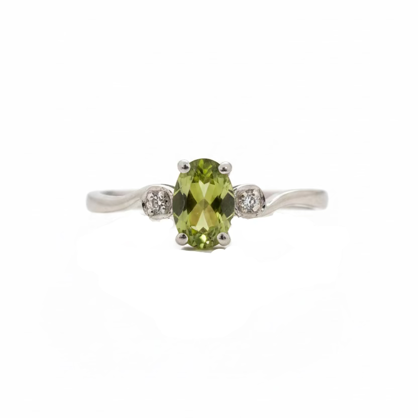 10K White Gold Peridot Three Stone with Diamond Accents Ring