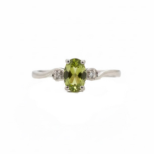 10K White Gold Peridot Three Stone with Diamond Accents Ring