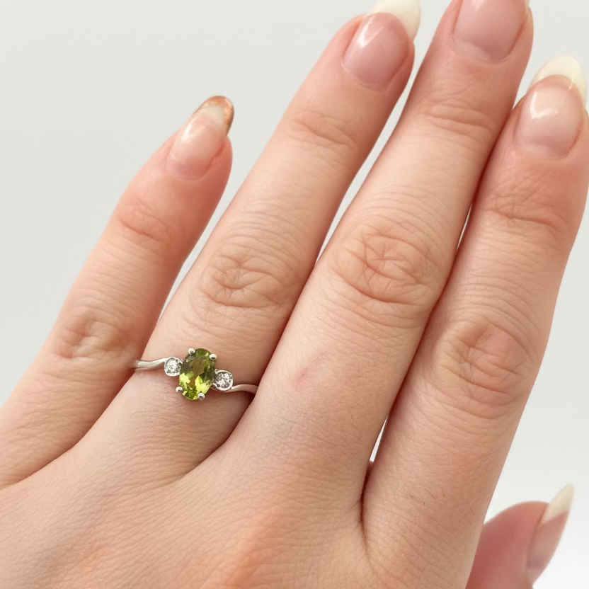 10K White Gold Peridot Three Stone with Diamond Accents Ring