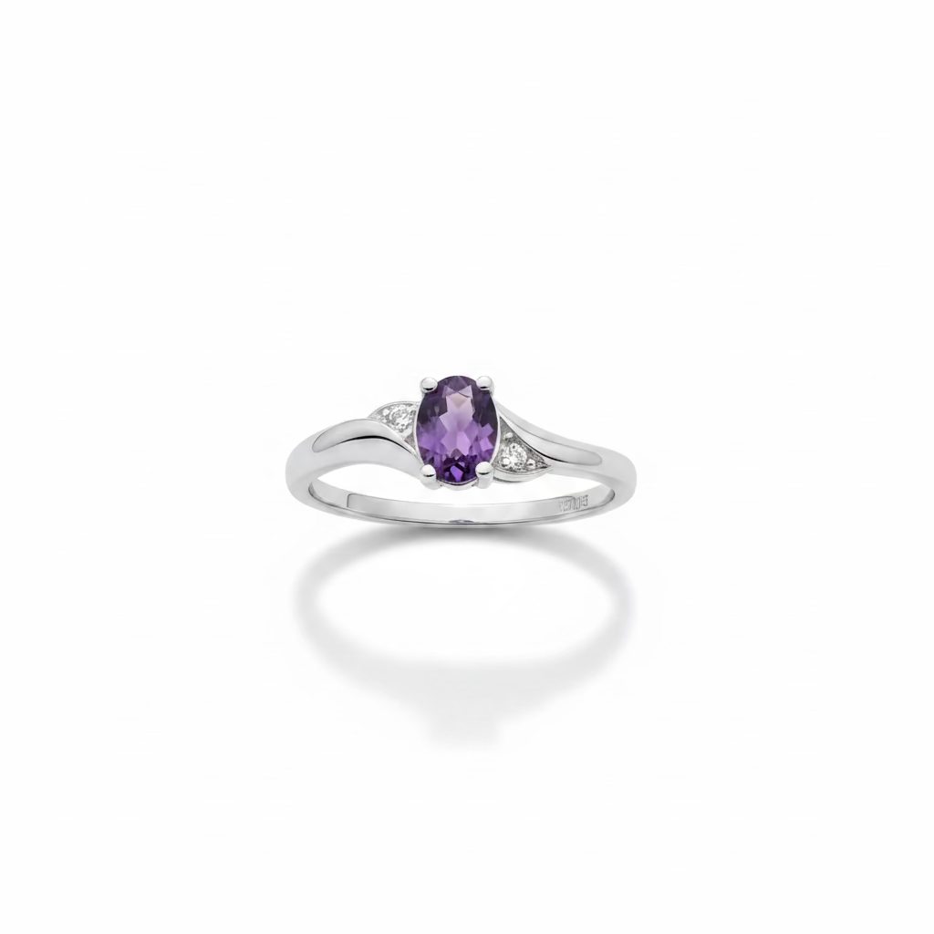 10K White Gold Oval Amethyst Bypass with Diamond Accents Ring
