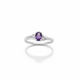 10K White Gold Oval Amethyst Bypass with Diamond Accents Ring