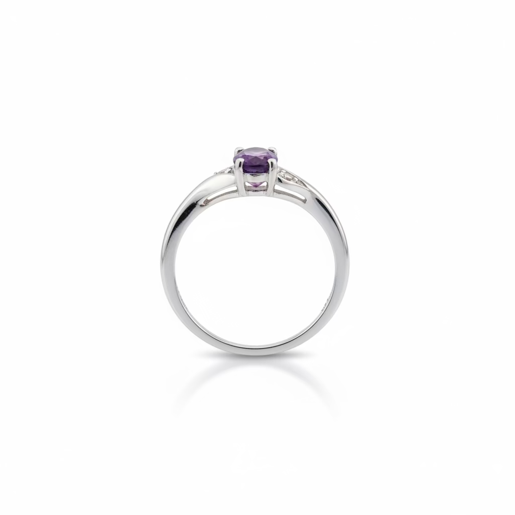 10K White Gold Oval Amethyst Bypass with Diamond Accents Ring