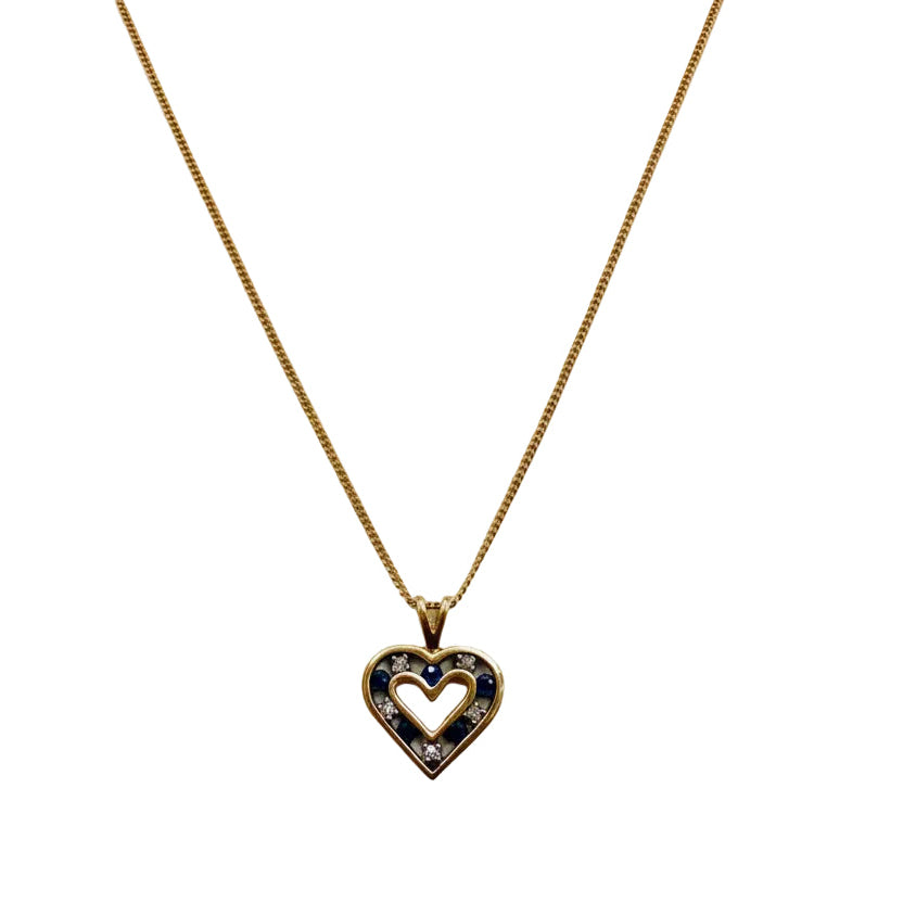 10K Yellow Gold Sapphire and Diamond Heart Necklace, S: 0.05ct, TDW: 0.035ct, SI, H