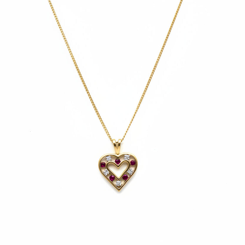 10K Yellow Gold Ruby and Diamond Heart Necklace, R: 0.05ct, TDW: 0.035ct, SI, H