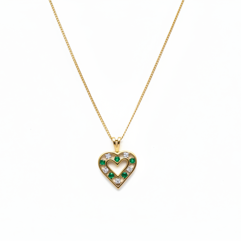 10K Yellow Gold Emerald and Diamond Heart Necklace, E: 0.05ct, TDW: 0.035ct, SI, H