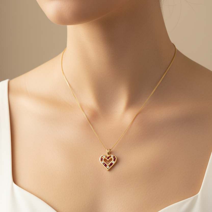 10K Yellow Gold Ruby and Diamond Heart Necklace, R: 0.05ct, TDW: 0.035ct, SI, H