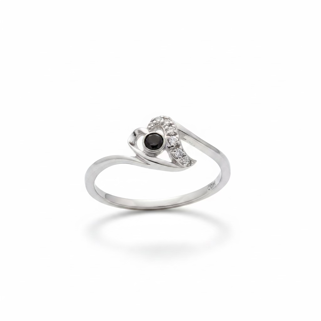 10K White Gold Open Heart with Diamond Accents & Black CZ Ring