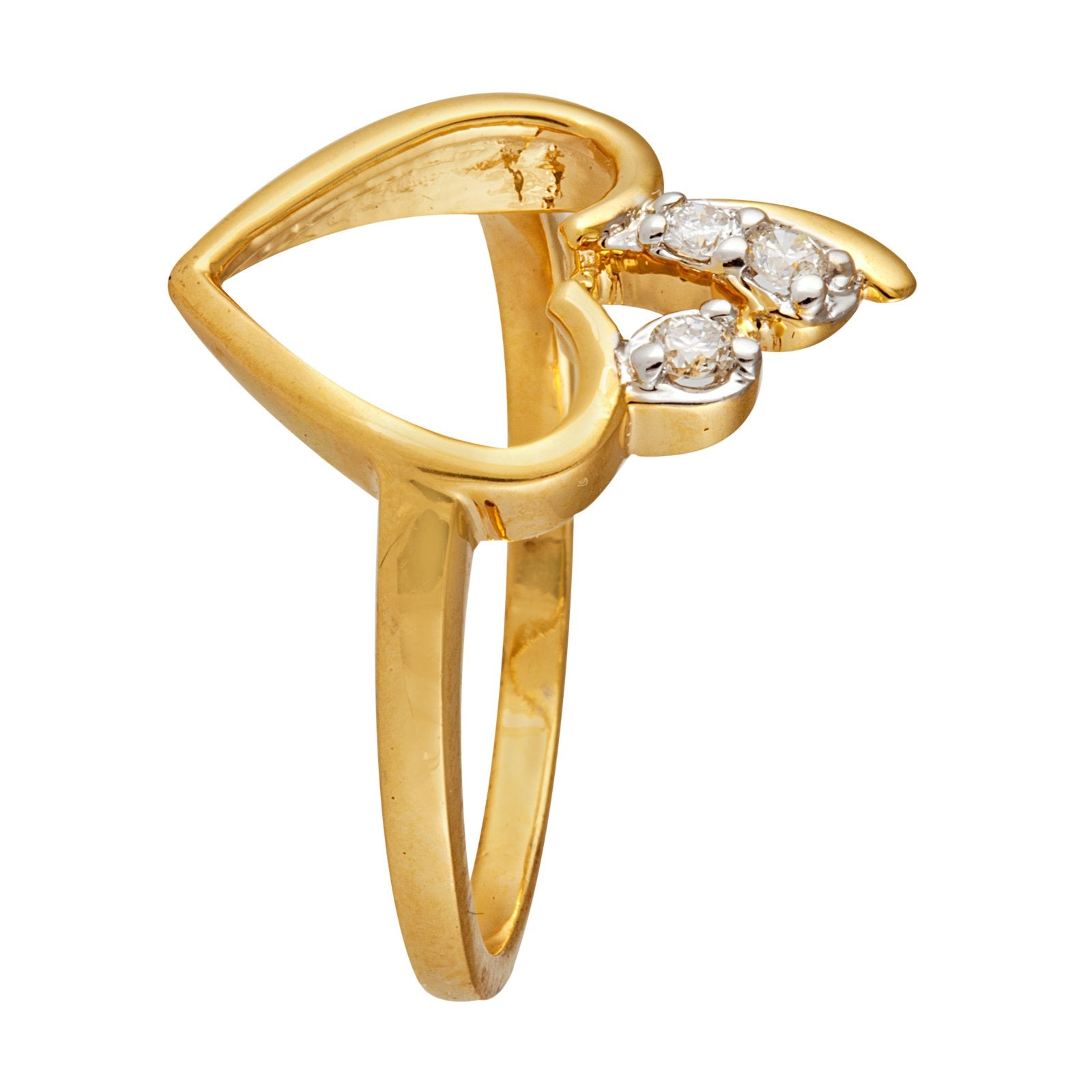 Yellow Gold Ring with Heart setting with three Diamonds TDW: 0.12ct 14k