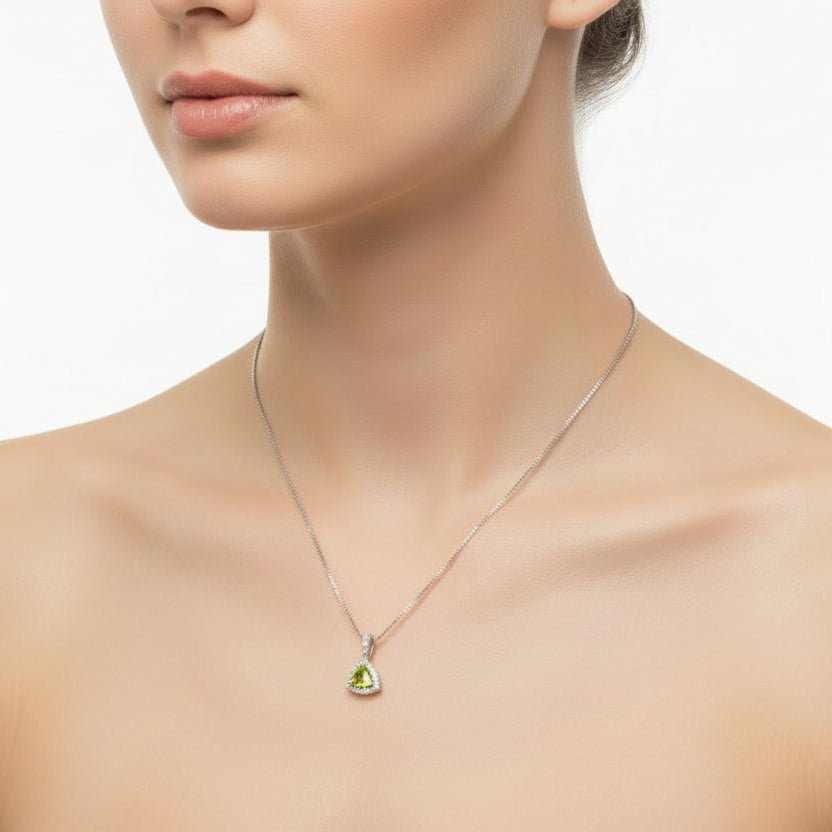10K Yellow Gold Triangle Cut Peridot & Diamond Pendant Necklace, P:0.31ct