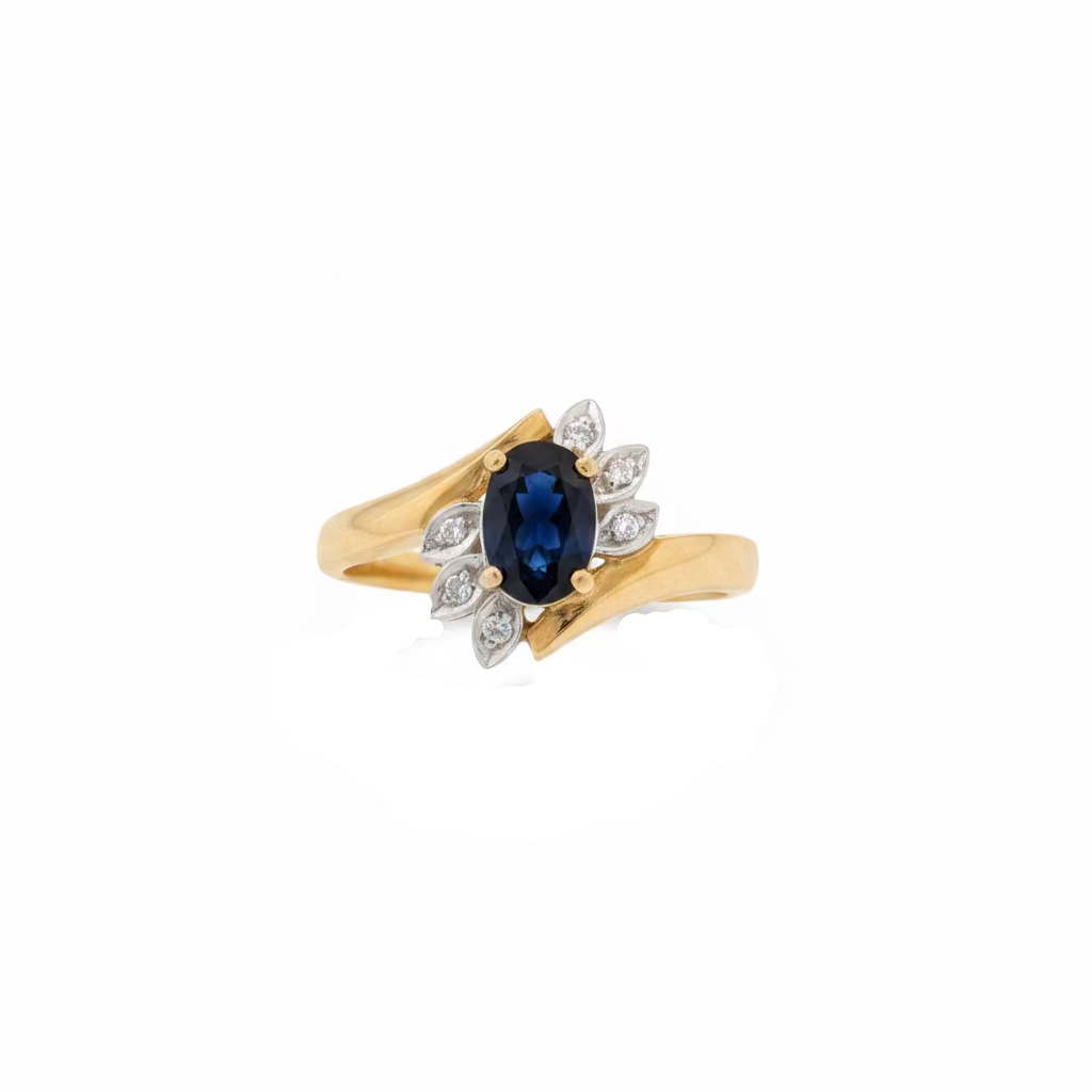10K Yellow Gold Oval Sapphire & Diamond Floral Cluster Ring