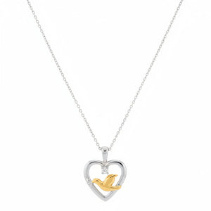 14k Two Tone Gold Diamond Dove in Heart Pendant Necklace