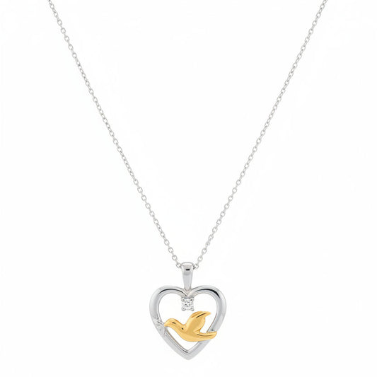 14k Two Tone Gold Diamond Dove in Heart Pendant Necklace