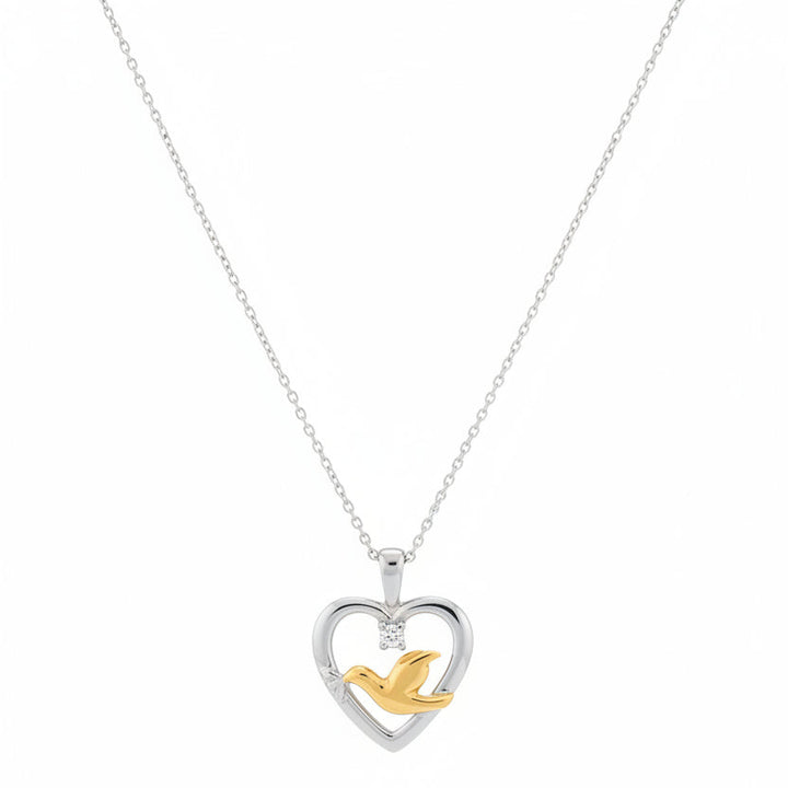 14k Two-Tone Gold Diamond Dove in Heart Pendant Necklace