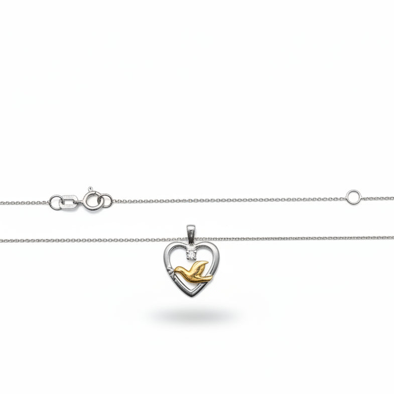 14k Two Tone Gold Diamond Dove in Heart Pendant Necklace