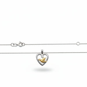 14k Two Tone Gold Diamond Dove in Heart Pendant Necklace