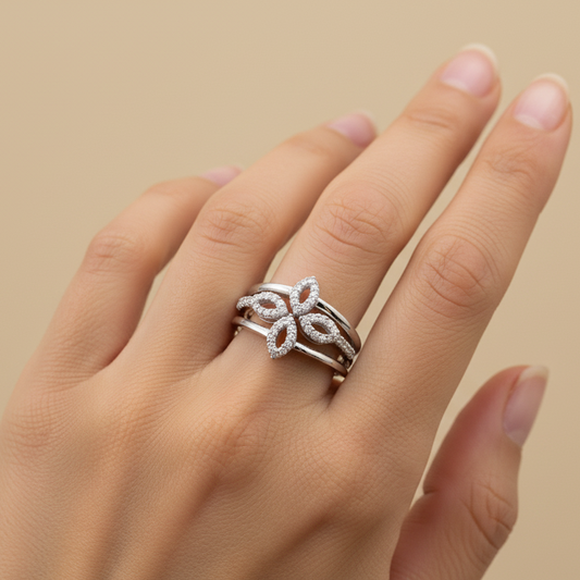 925 Sterling Silver Four-Leaf Clover With Diamond Ring