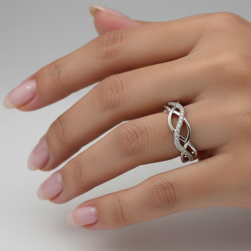 925 Sterling Silver Crossover Pave With Diamond Ring