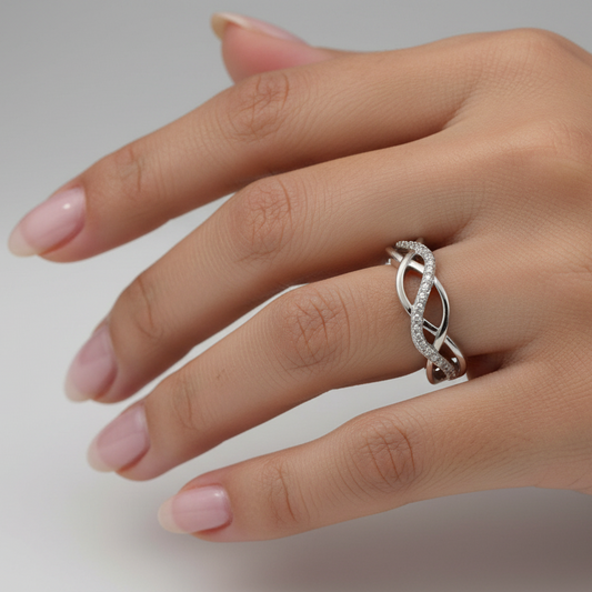 925 Sterling Silver Crossover Pave With Diamond Ring