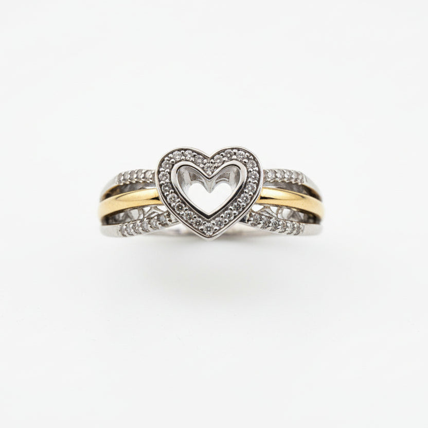 925 Sterling Silver Gold Plated Heart With Diamond Ring
