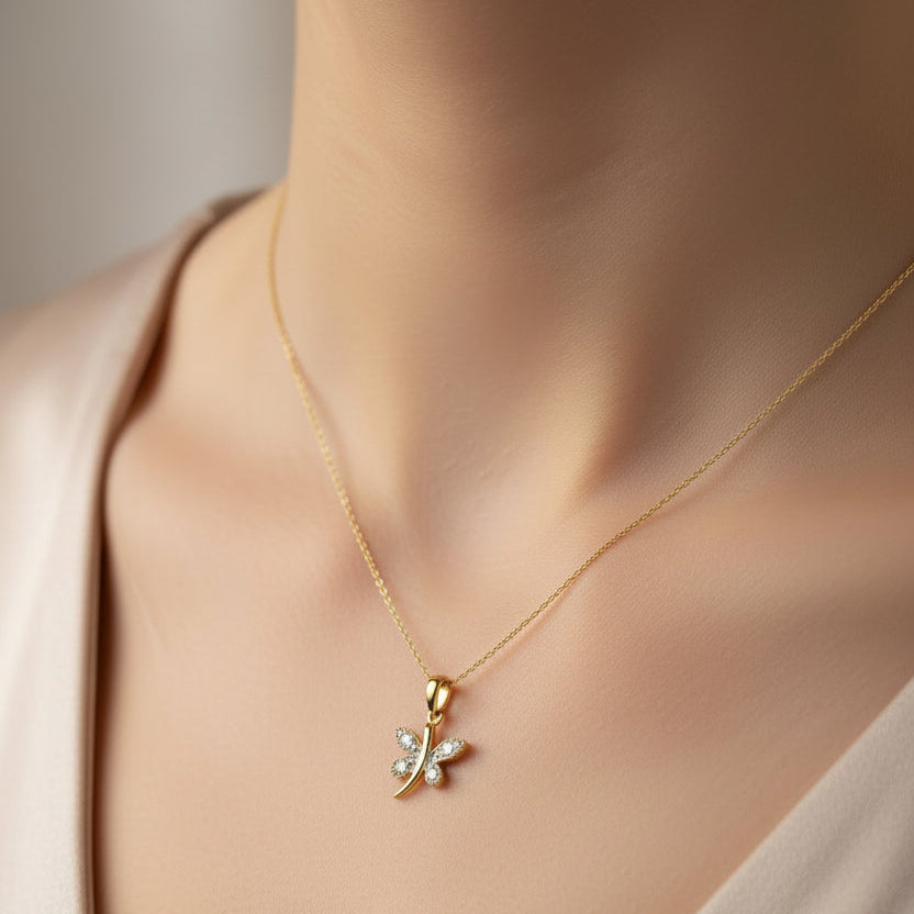 10k Yellow Gold Butterfly with Diamond Pendant Necklace