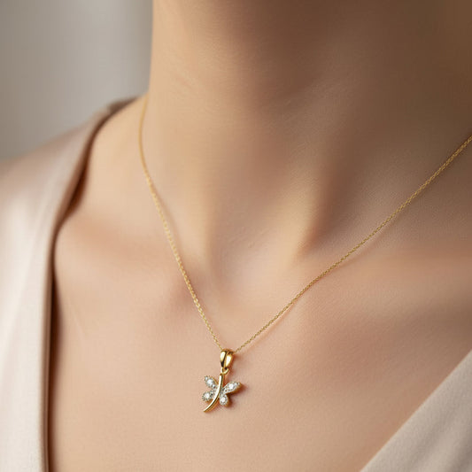 10k Yellow Gold Butterfly with Diamond Pendant Necklace