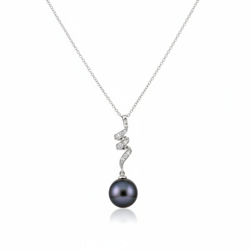 10k White Gold Drop Pendant with Diamond and Tahitian Pearl Necklace
