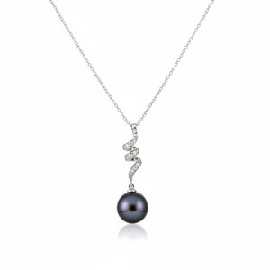 10k White Gold Drop Pendant with Diamond and Tahitian Pearl Necklace
