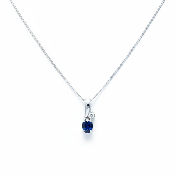 10k White Gold  Diamond and Oval shaped Sapphire Pendant Necklace