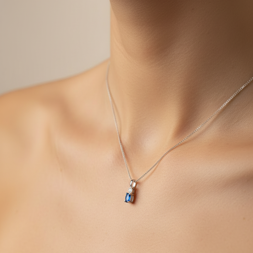 10k White Gold  Diamond and Oval shaped Sapphire Pendant Necklace