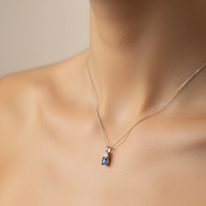 10k White Gold  Diamond and Oval shaped Sapphire Pendant Necklace