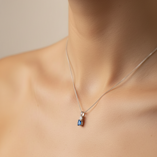 10k White Gold  Diamond and Oval shaped Sapphire Pendant Necklace