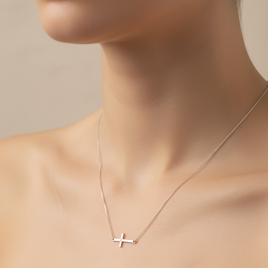 10k White Gold Cross Pendant with Diamond Necklace
