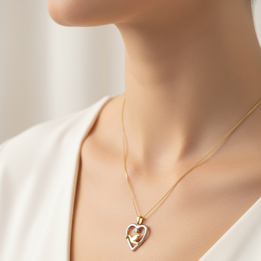 10k Two-toned Heart and Dove Pendant Necklace