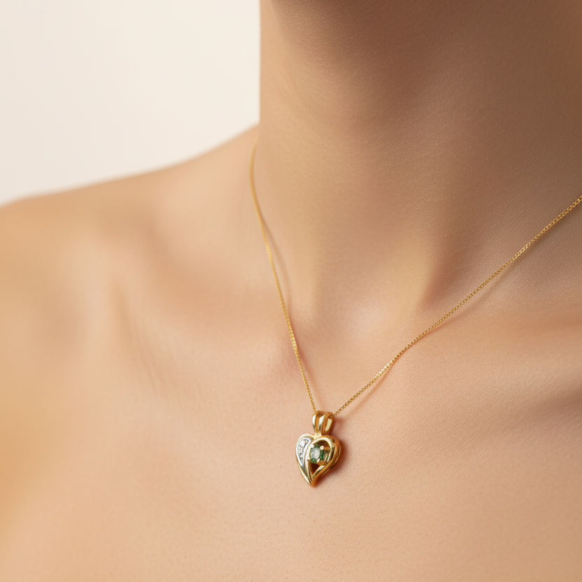 10k Yellow Gold Diamond and Peridot Heart Necklace