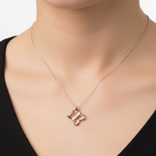 10k Rose Gold and White Gold Diamond Butterfly Necklace