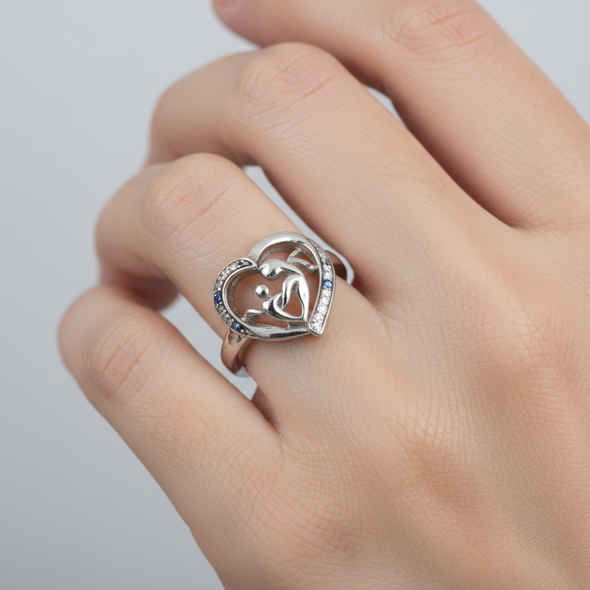 925 Sterling Silver Mother & Child Heart Promise Ring