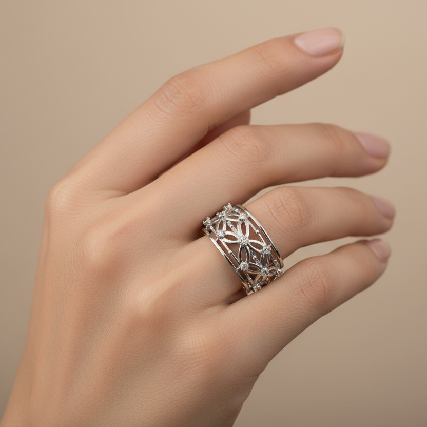 925 Sterling Silver Filigree Cutout Diamond Ring
