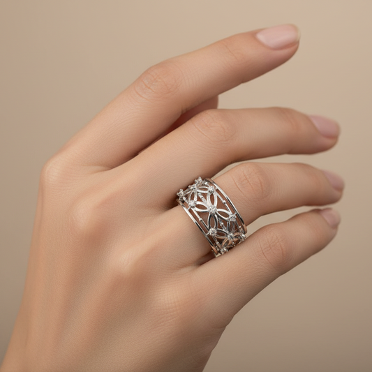 925 Sterling Silver Filigree Cutout Diamond Ring