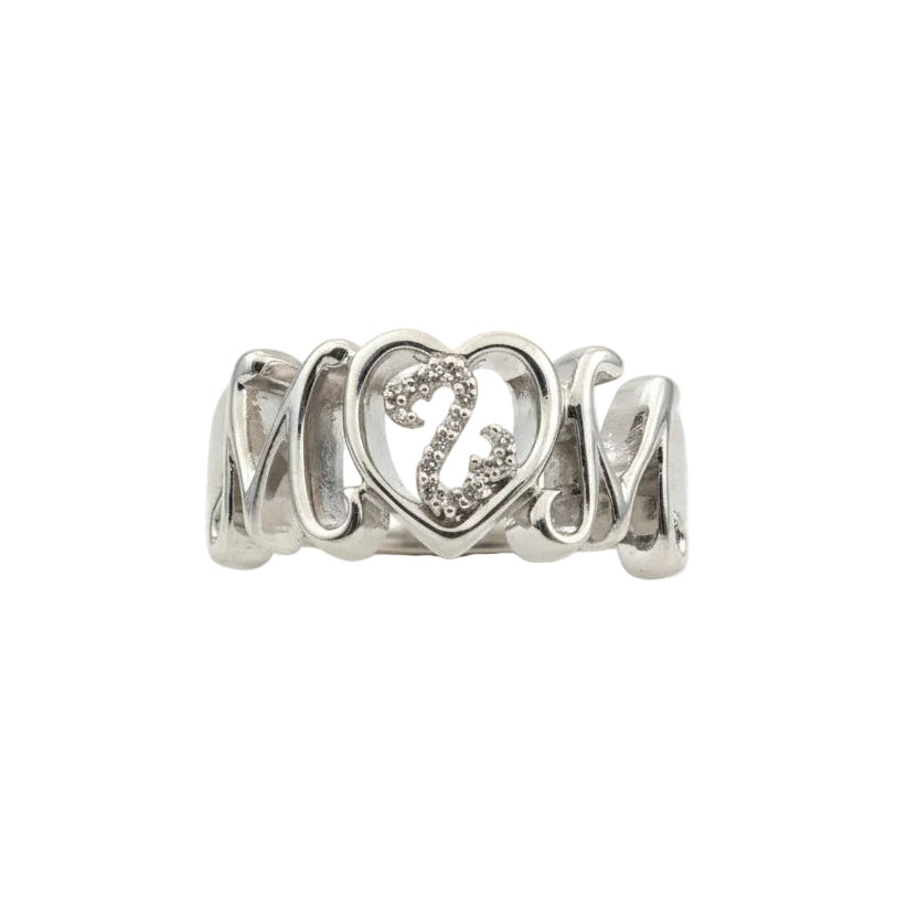 925 Sterling Silver ''MOM'' Letter with Heart Diamond Ring
