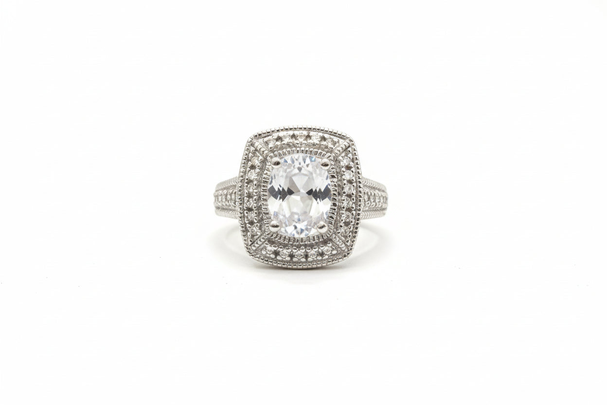 925 Sterling Silver Oval Cut Halo Setting CZ Ring