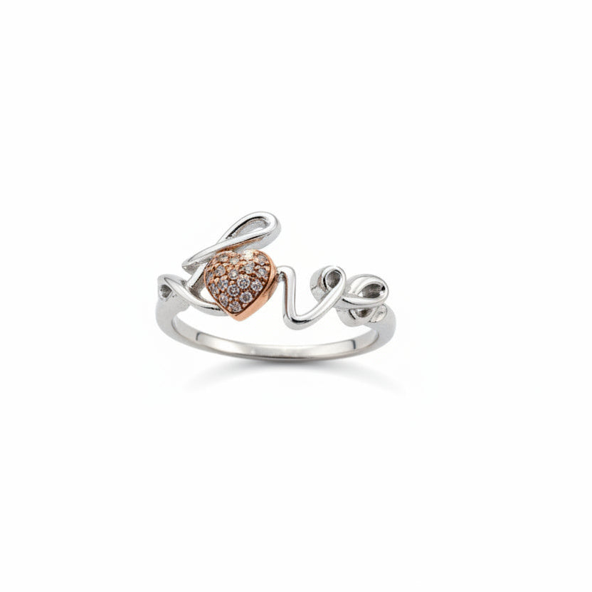 925 Sterling Silver ''LOVE'' letter with Rose Gold Plated Heart in Diamond Ring