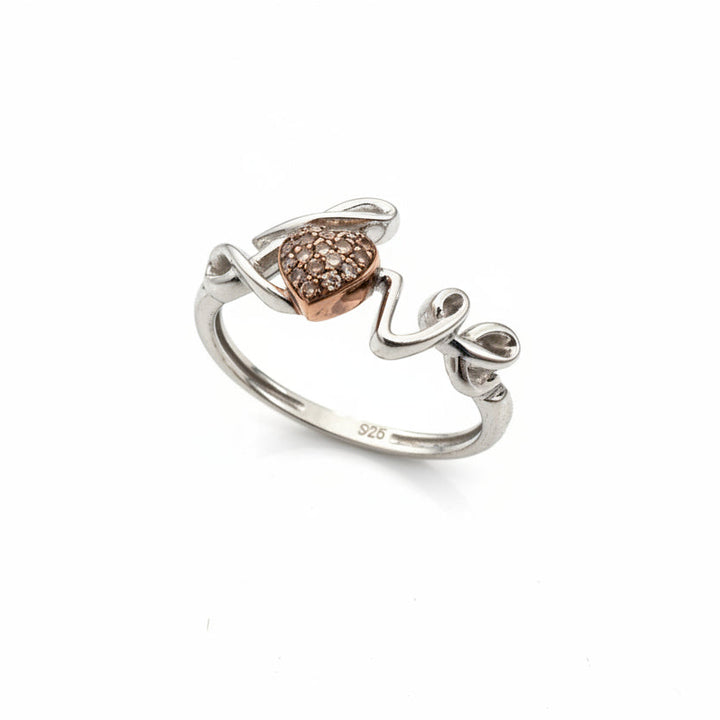 925 Sterling Silver ''LOVE'' letter with Rose Gold Plated Heart in Diamond Ring