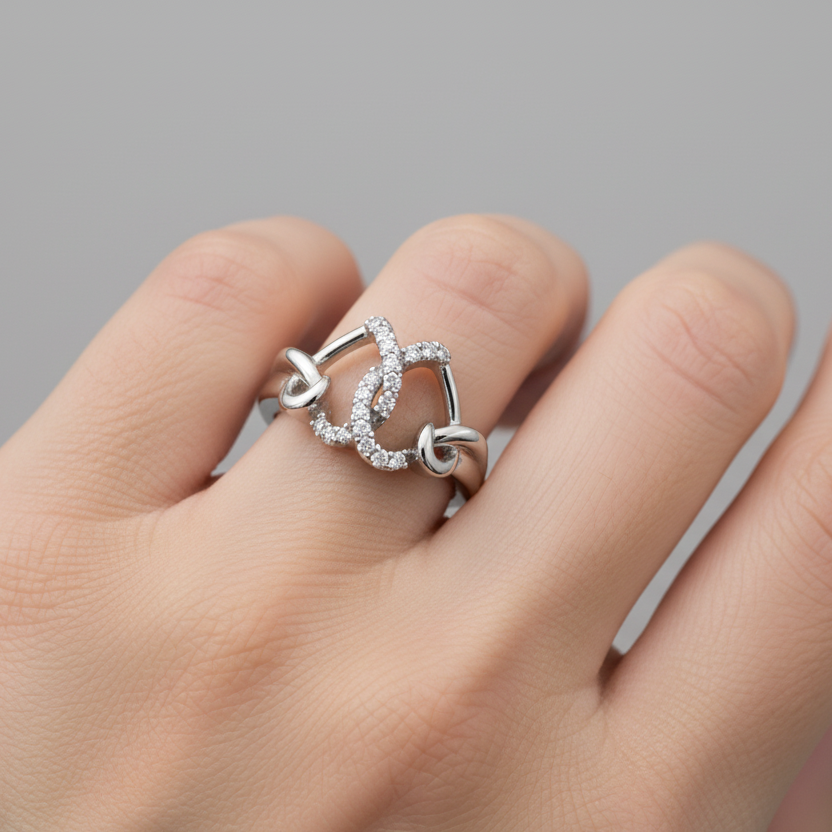 925 Sterling Silver Double Heart Linked Ring with Diamond