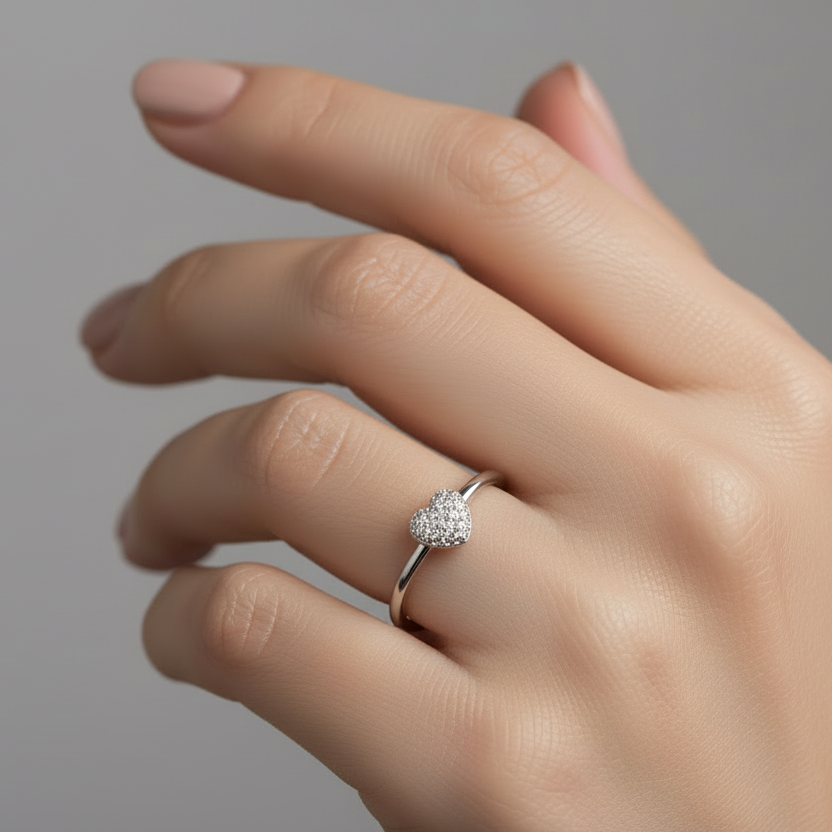 925 Sterling Silver Heart with Diamond Ring