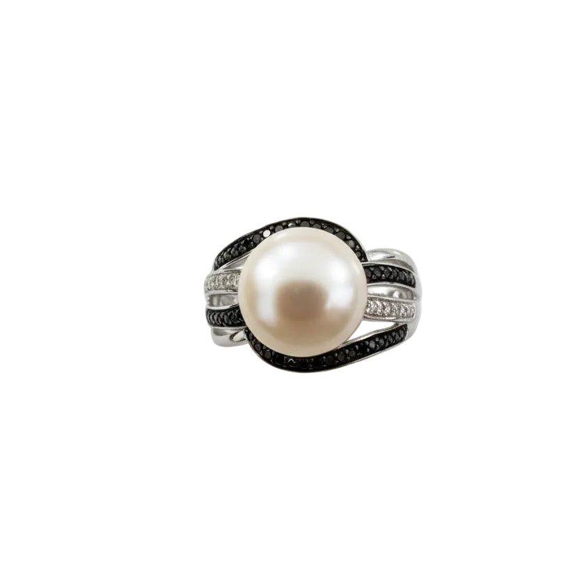 925 Sterling Silver Pearl Ring with Natural Diamond and Onyx