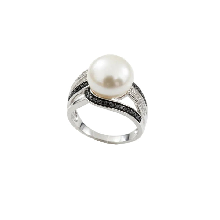 925 Sterling Silver Pearl Ring with Natural Diamond and Onyx