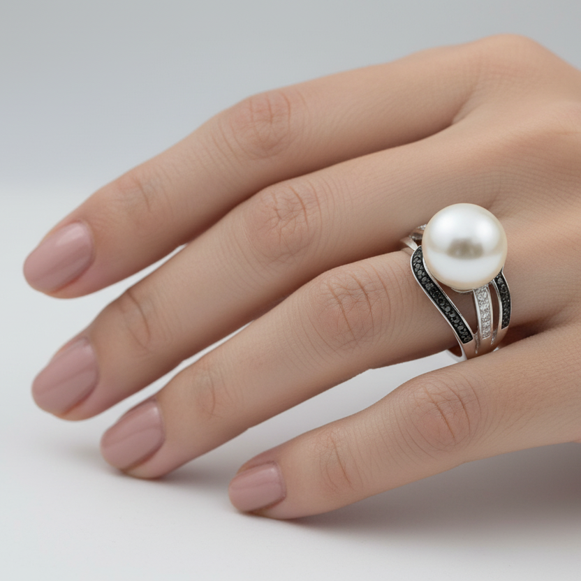 925 Sterling Silver Pearl Ring with Natural Diamond and Onyx