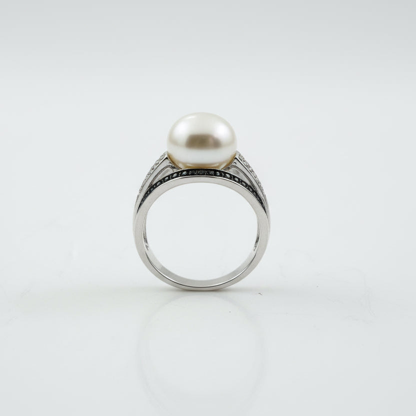 925 Sterling Silver Pearl Ring with Natural Diamond and Onyx